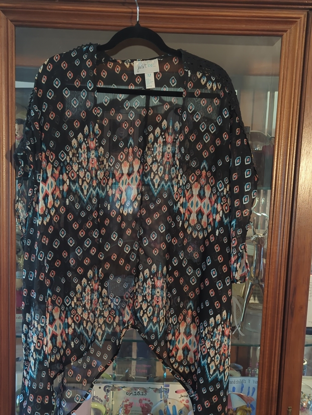 just be Black Sheer Kimono Tunic with Teal Coral and Cream Geometric Print